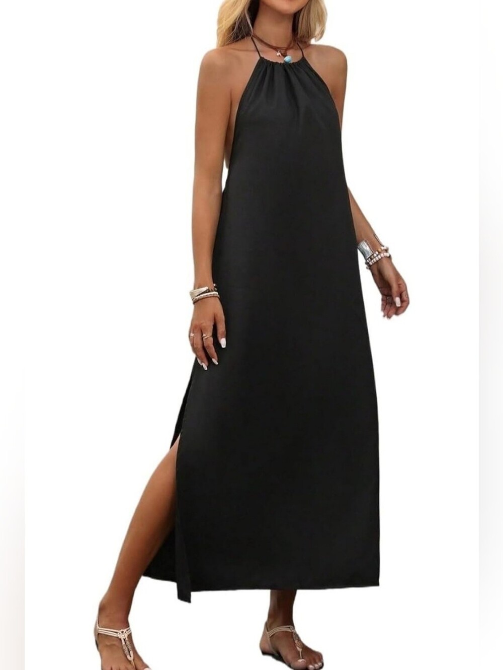 SHEIN Black Halter Maxi Dress with Side Slits M